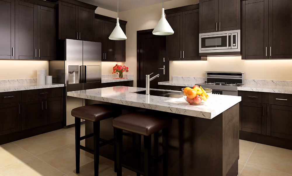 Kitchen: espresso with island and stools