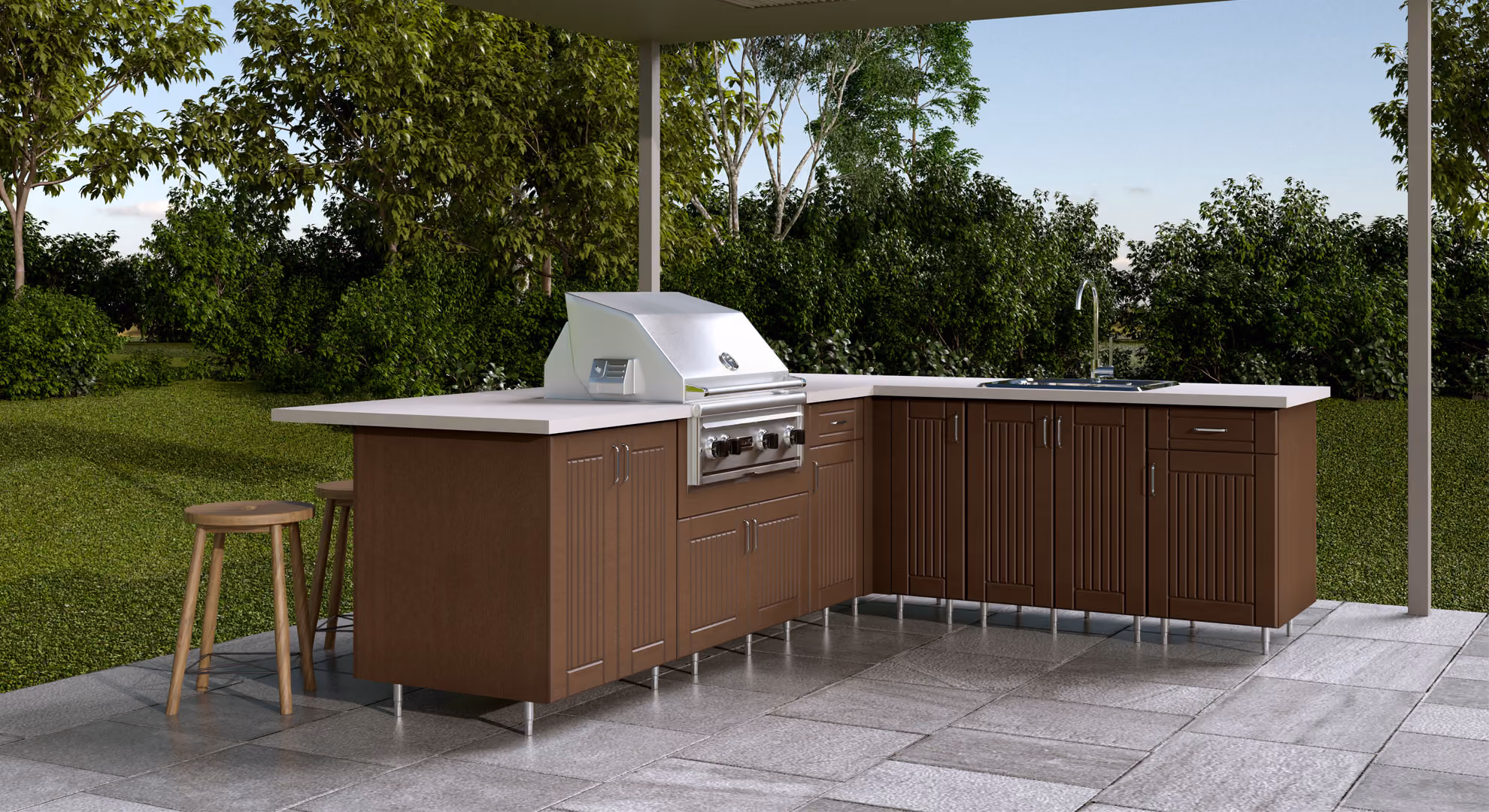 Endura Oxford cabinets in Hearthstone Brown around an outdoor grill station