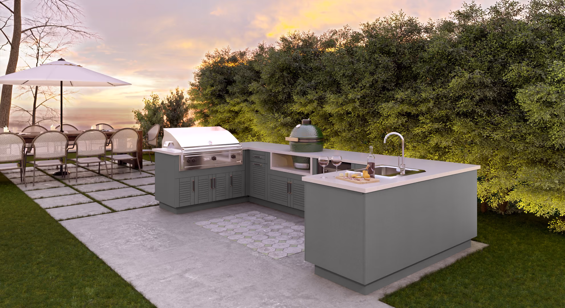 Endura Club cabinets in Slate Gray on a patio at dusk