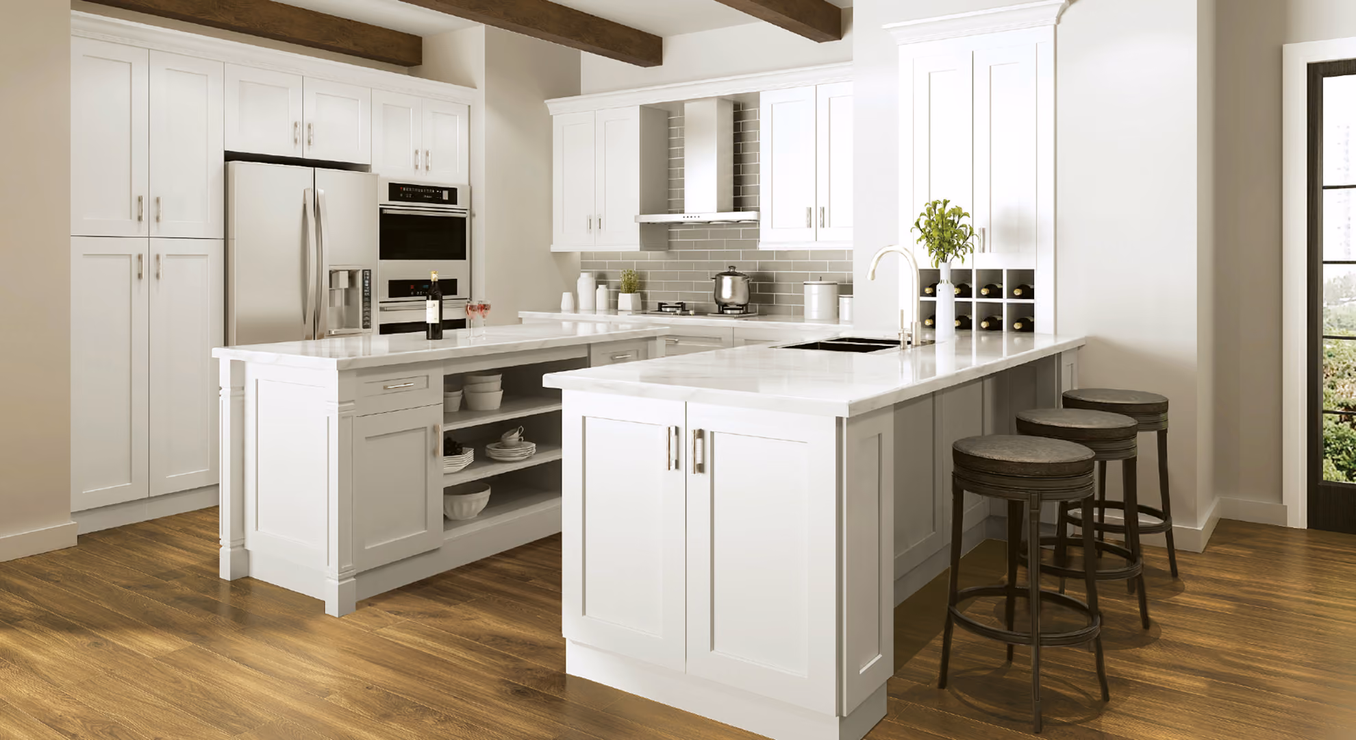 Pearl White kitchen: white shaker, beams, open shelving island