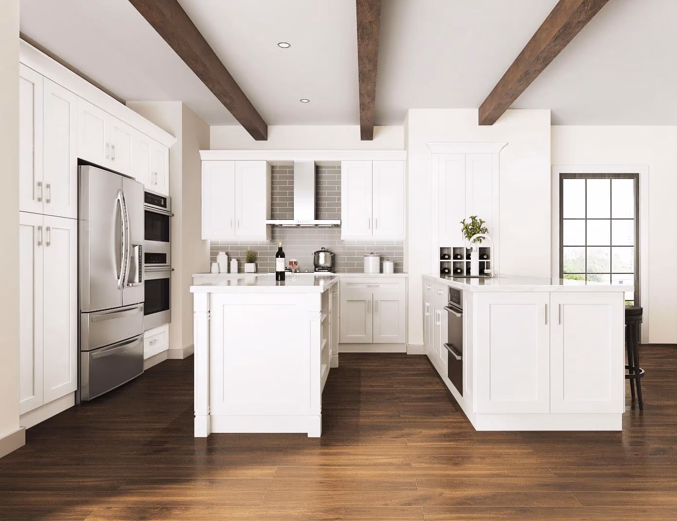 Pearl White kitchen: white shaker with ceiling beams
