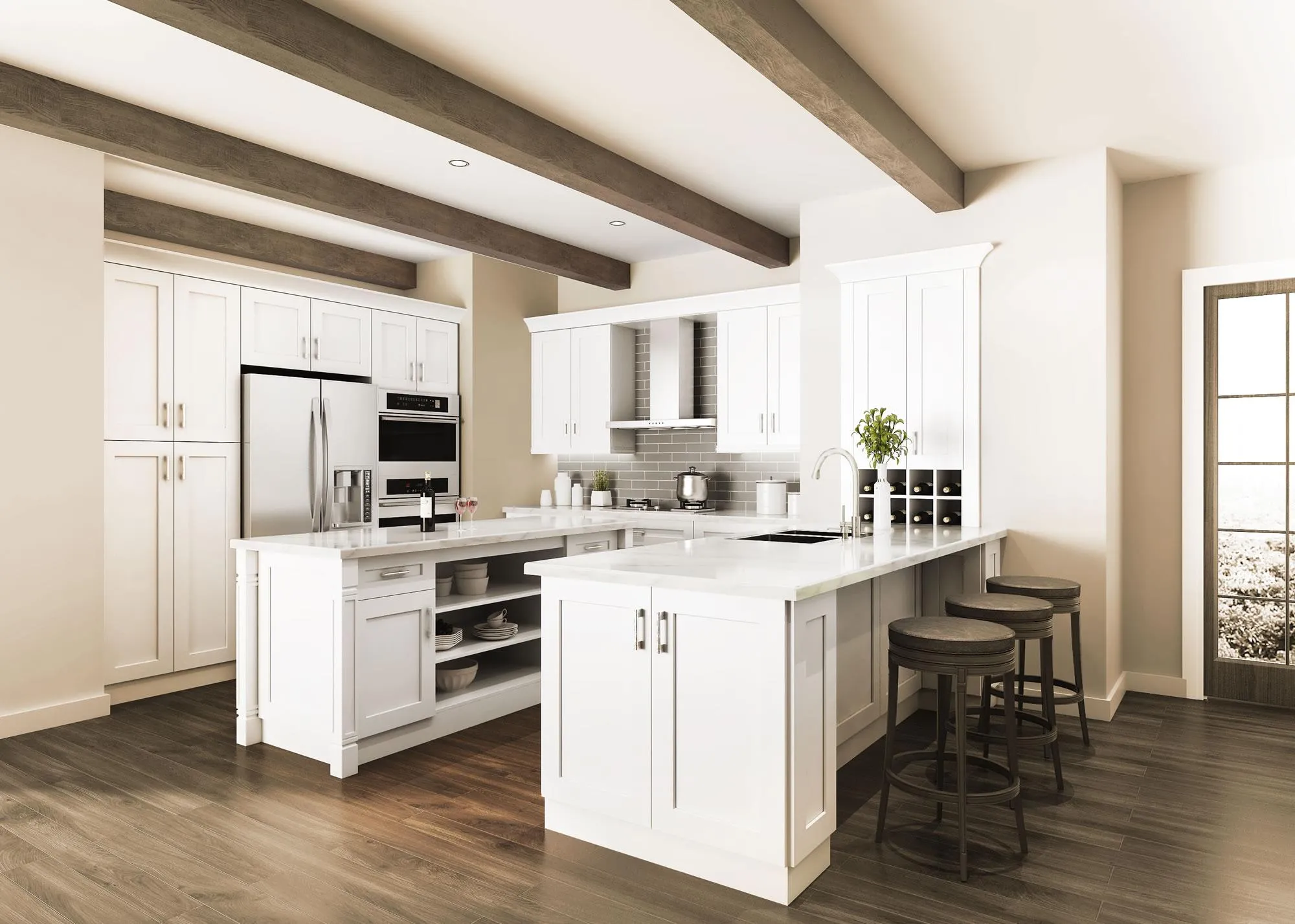 Pearl White kitchen: white shaker with beams and island