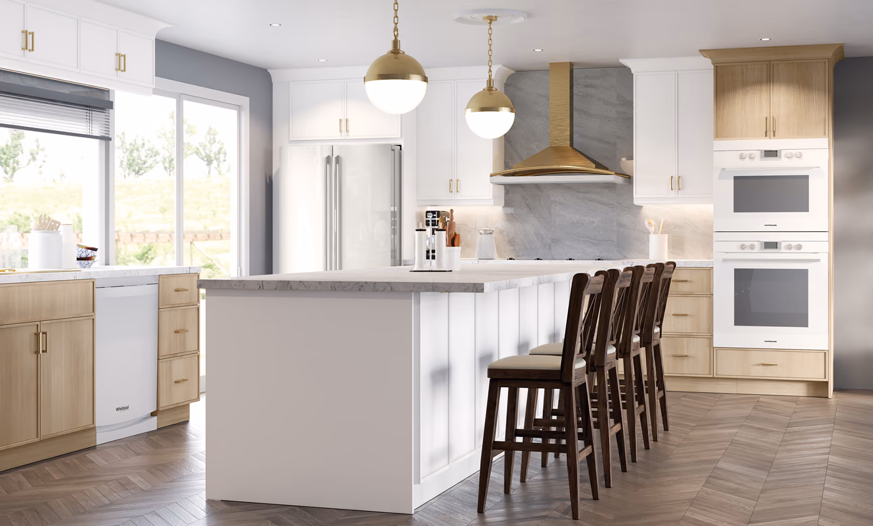 Kitchen: natural oak shaker with white island and stools, gold pendants