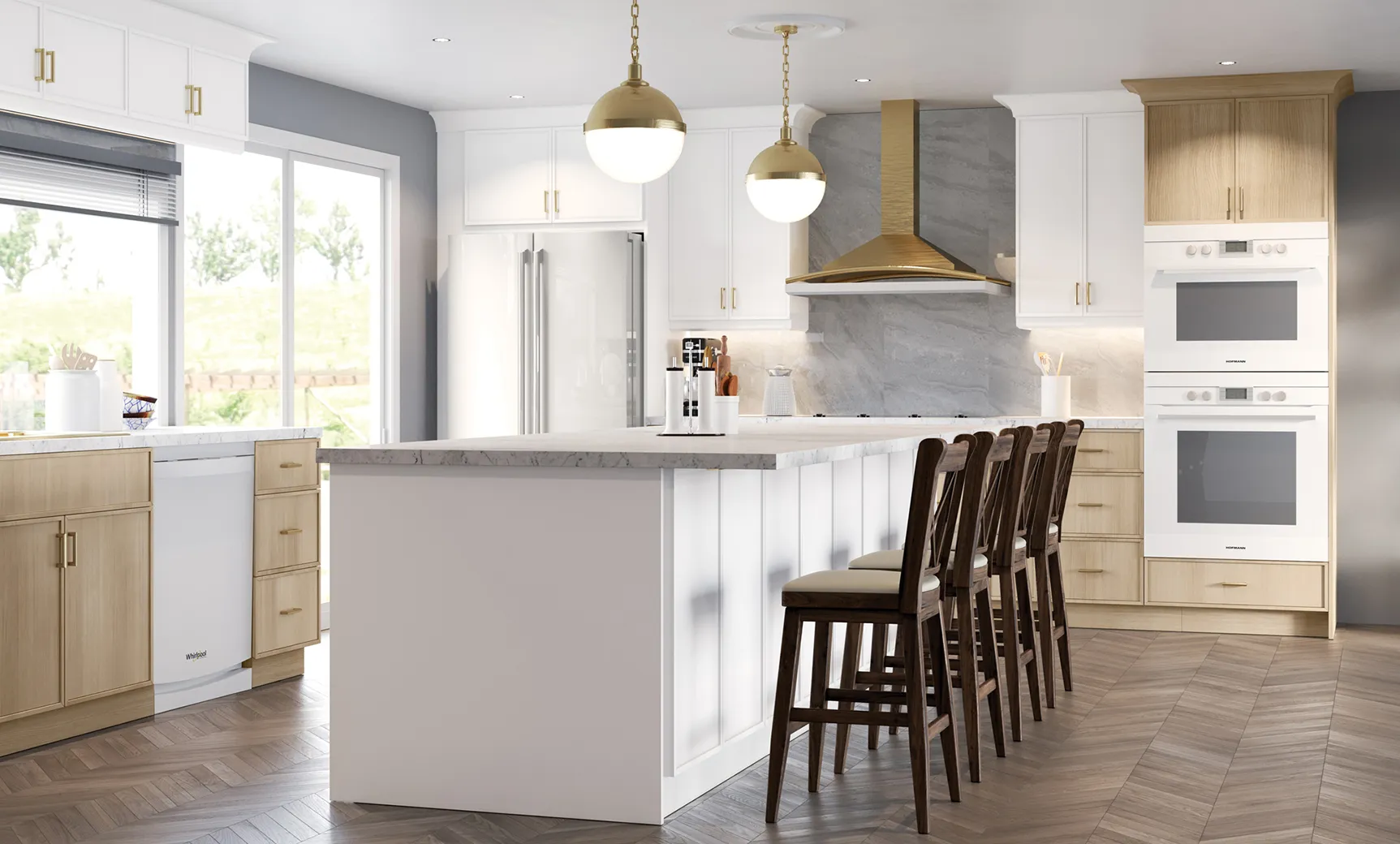 Natural oak shaker kitchen with a white island and gold pendants