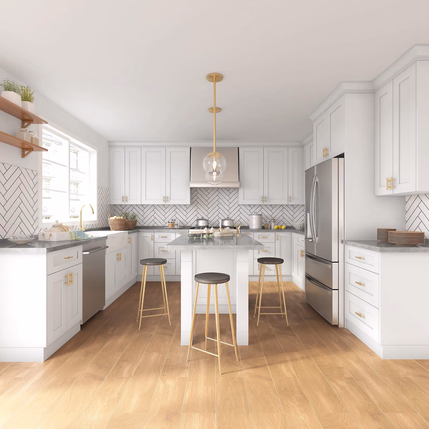 Kitchen: white shaker with island and stools