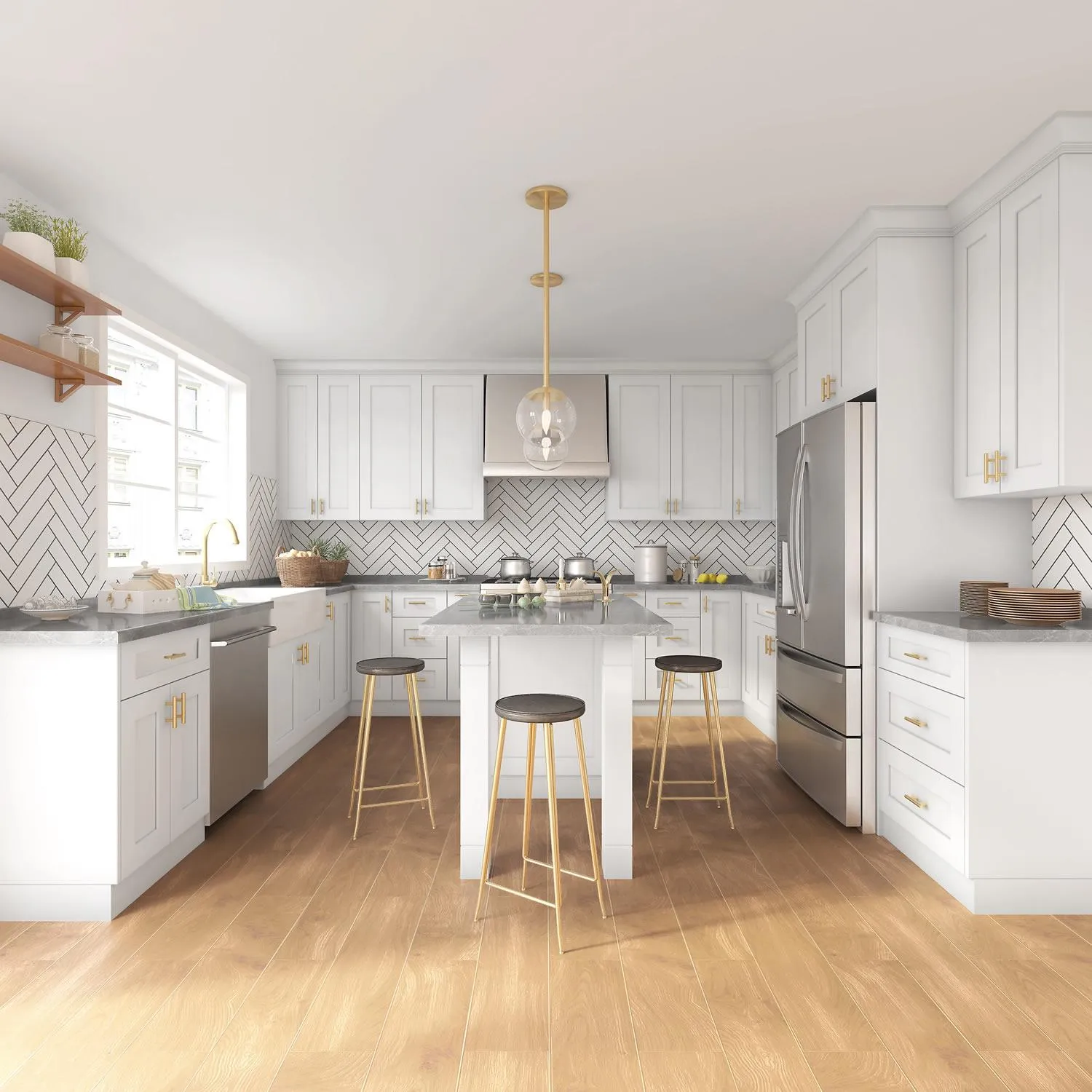 Kitchen: white shaker with island and stools
