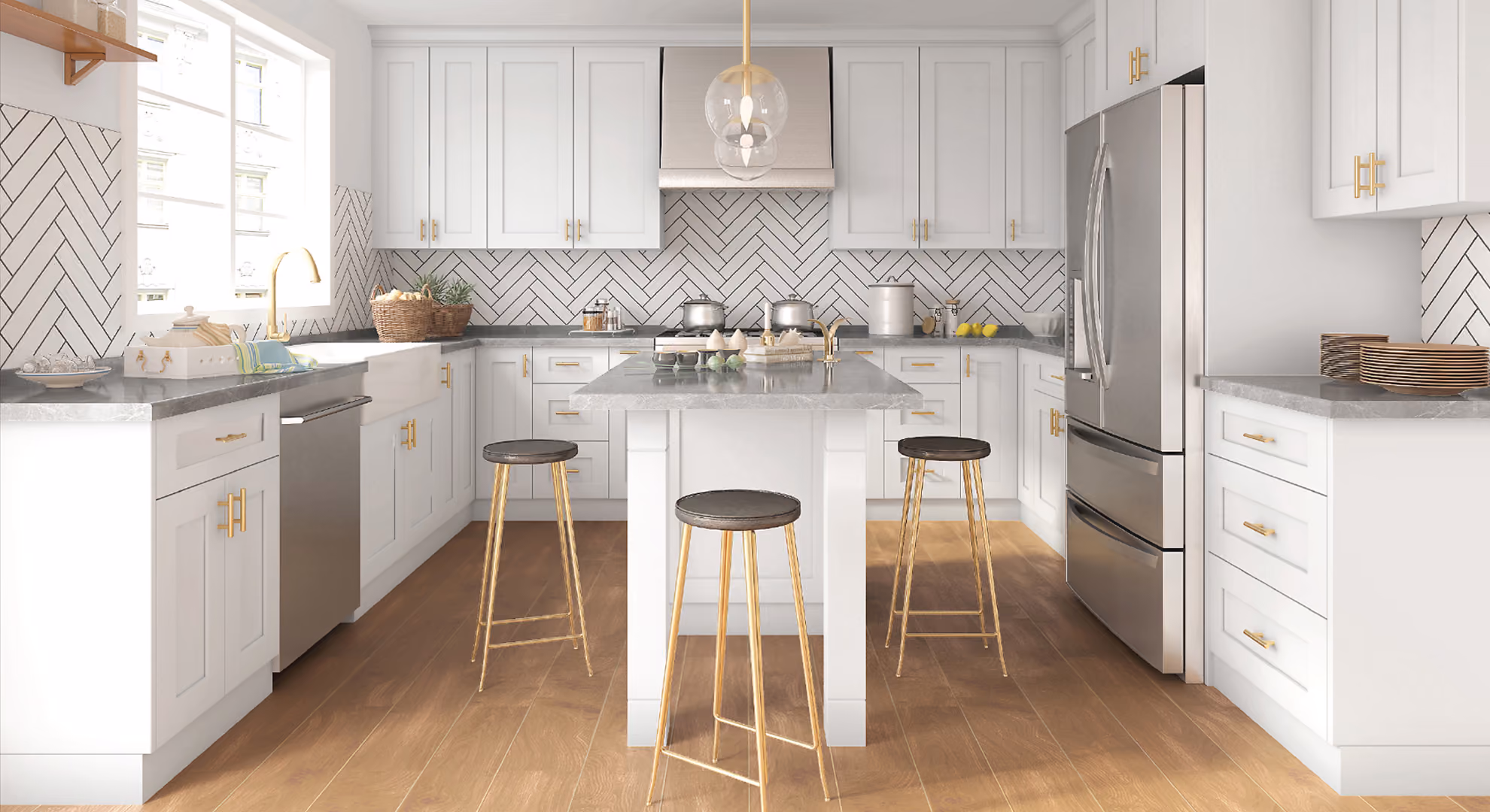 Kitchen: white shaker with stools and chevron tile
