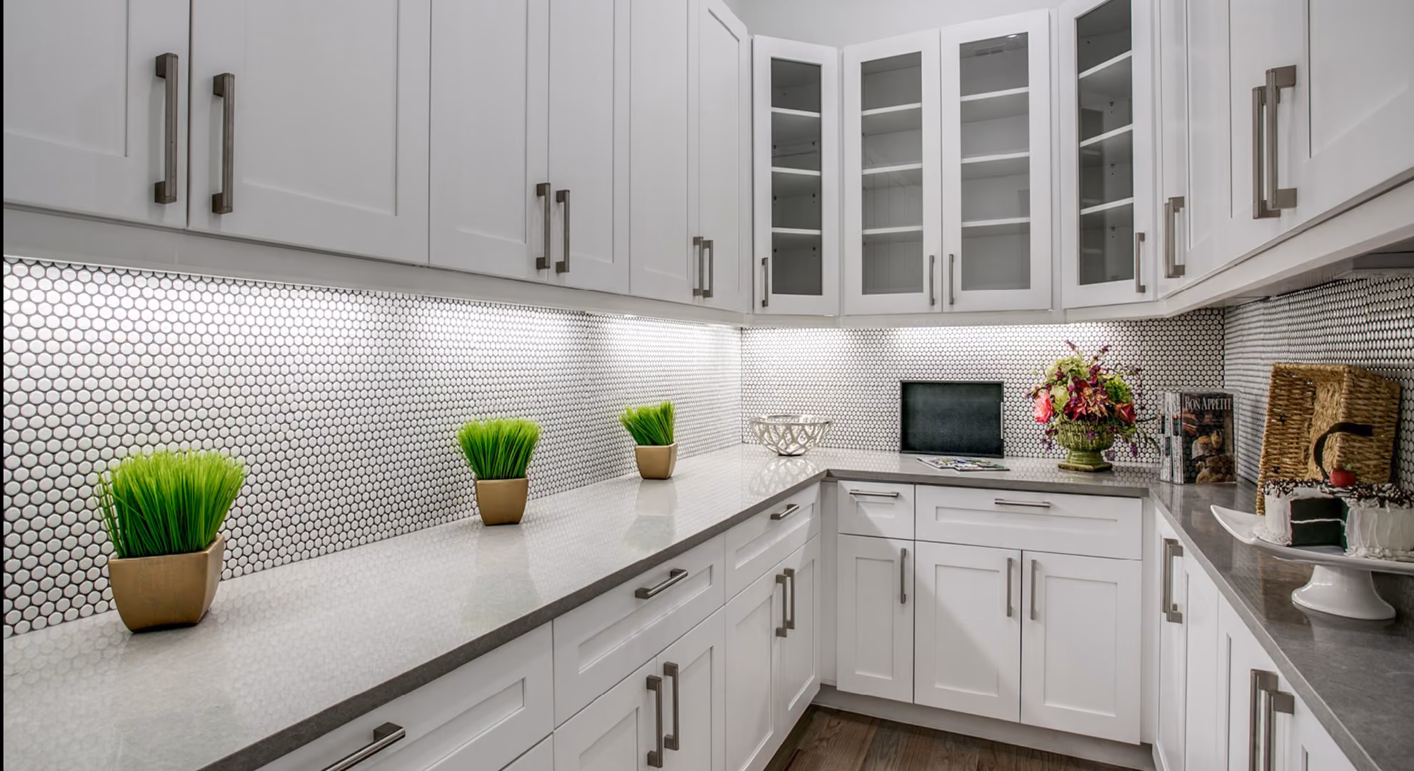 Kitchen: white and gray shaker with hex tile backsplash