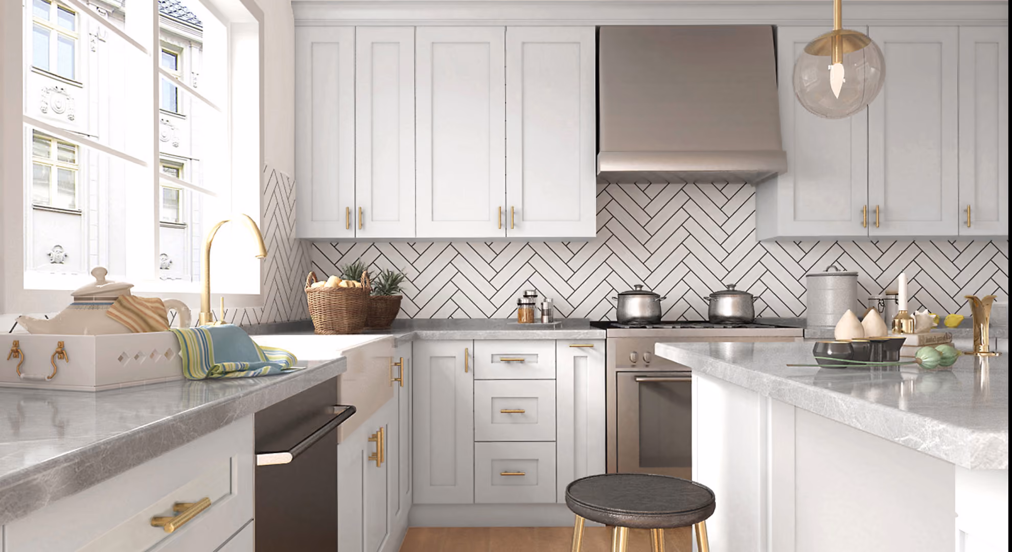 Kitchen: white shaker with chevron backsplash
