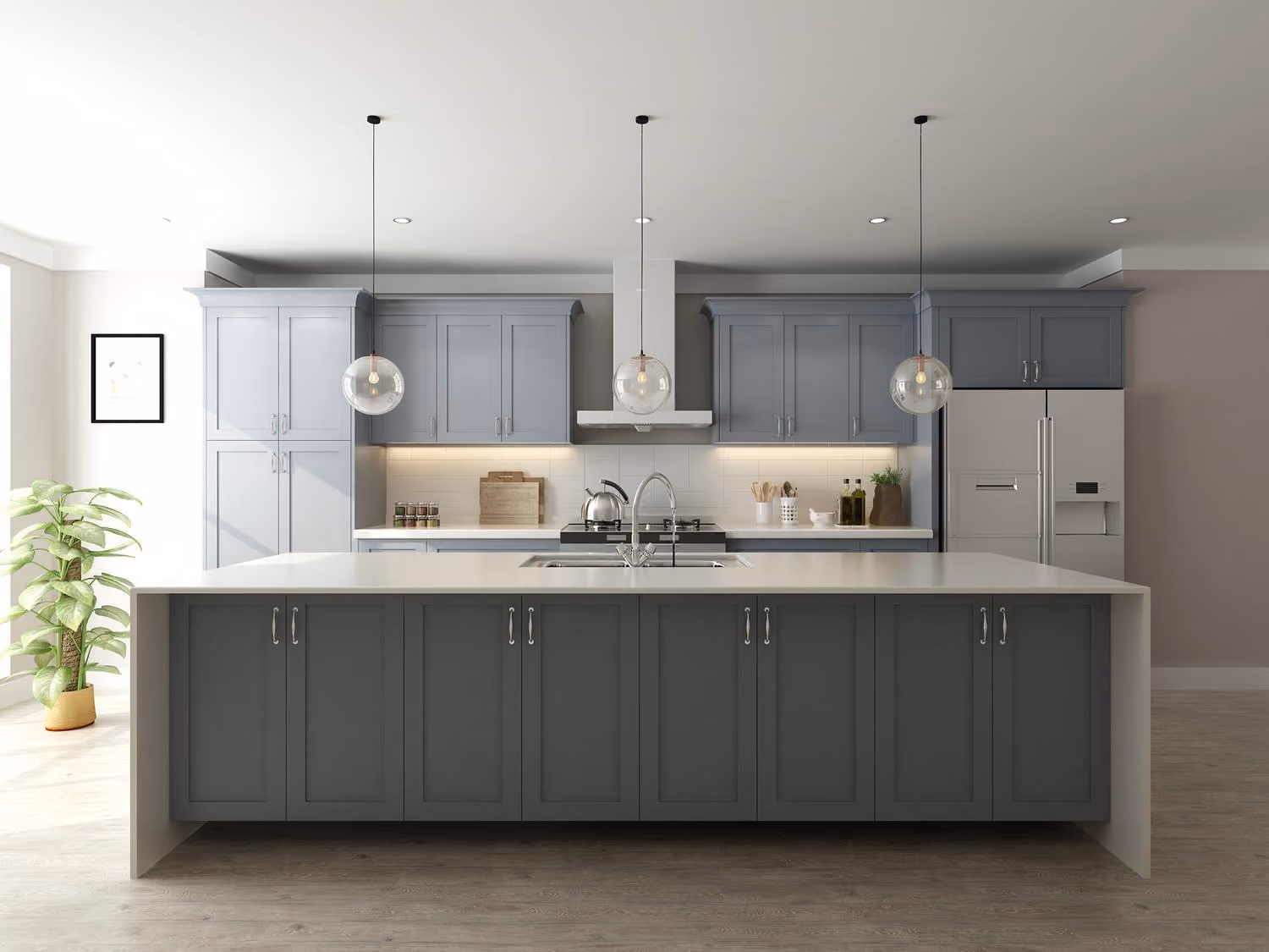 Storm Gray kitchen: gray island with blue-gray uppers