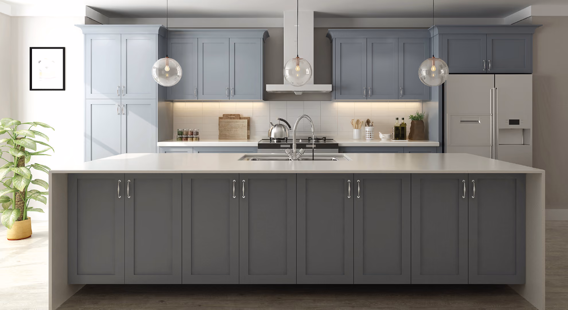 Storm Gray kitchen: gray island and blue-gray uppers