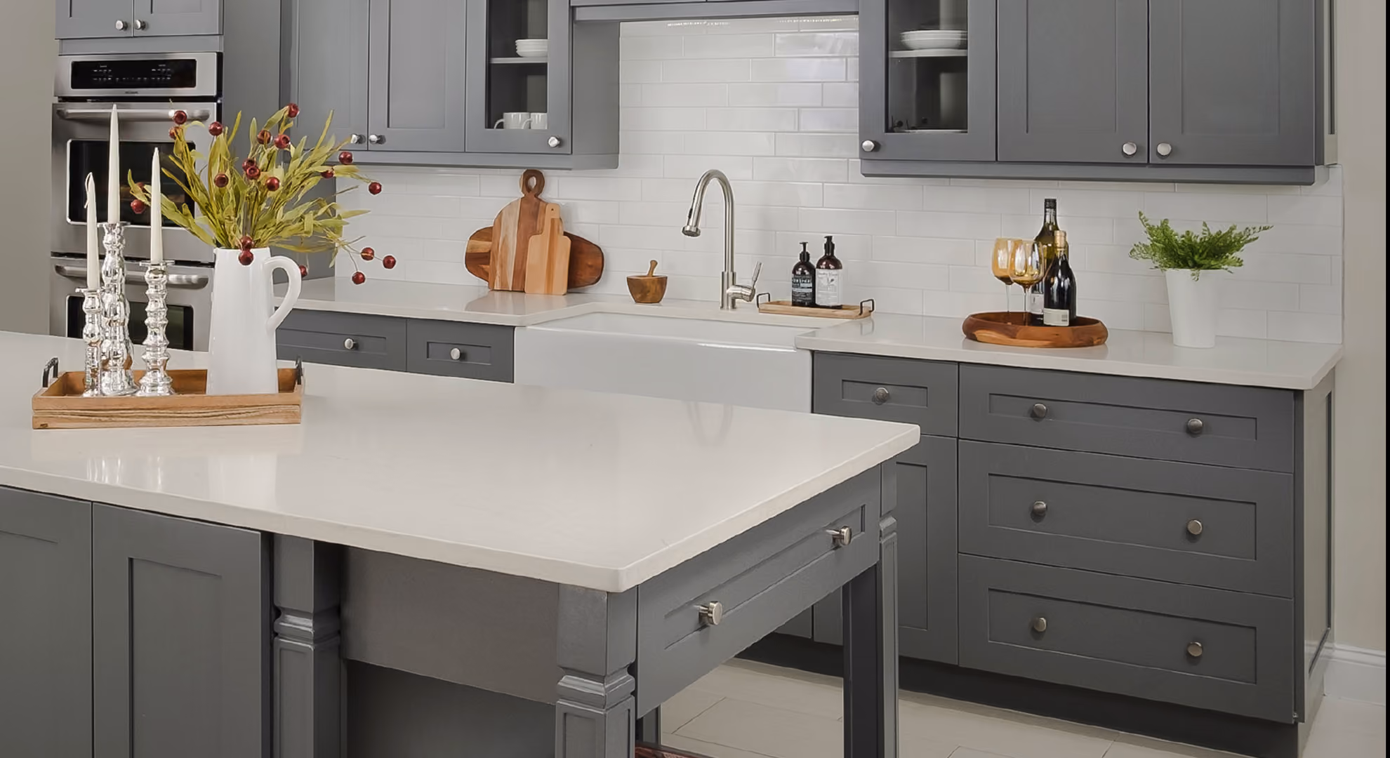 Storm Gray kitchen: gray island with white counters