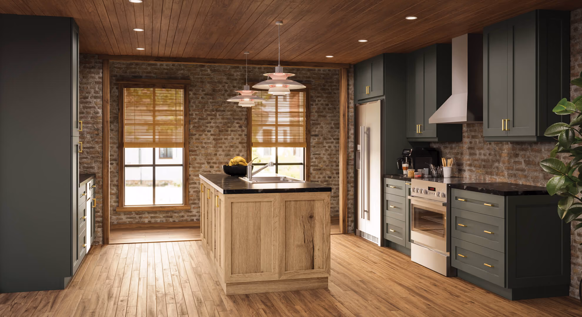 Kitchen: forest-green shaker with brick wall, oak island, wood ceiling