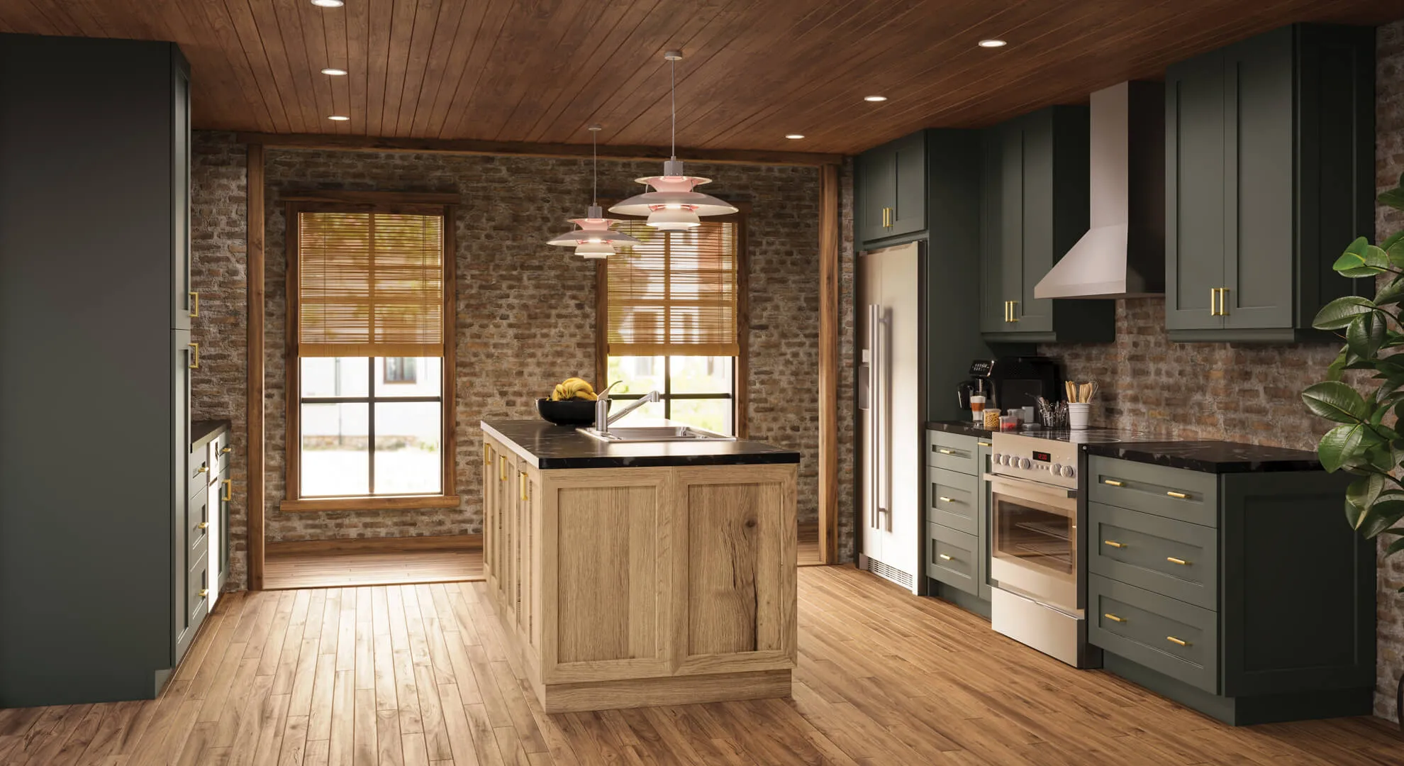 Forest green Urban shaker kitchen with a brick wall, an oak island and a wood ceiling
