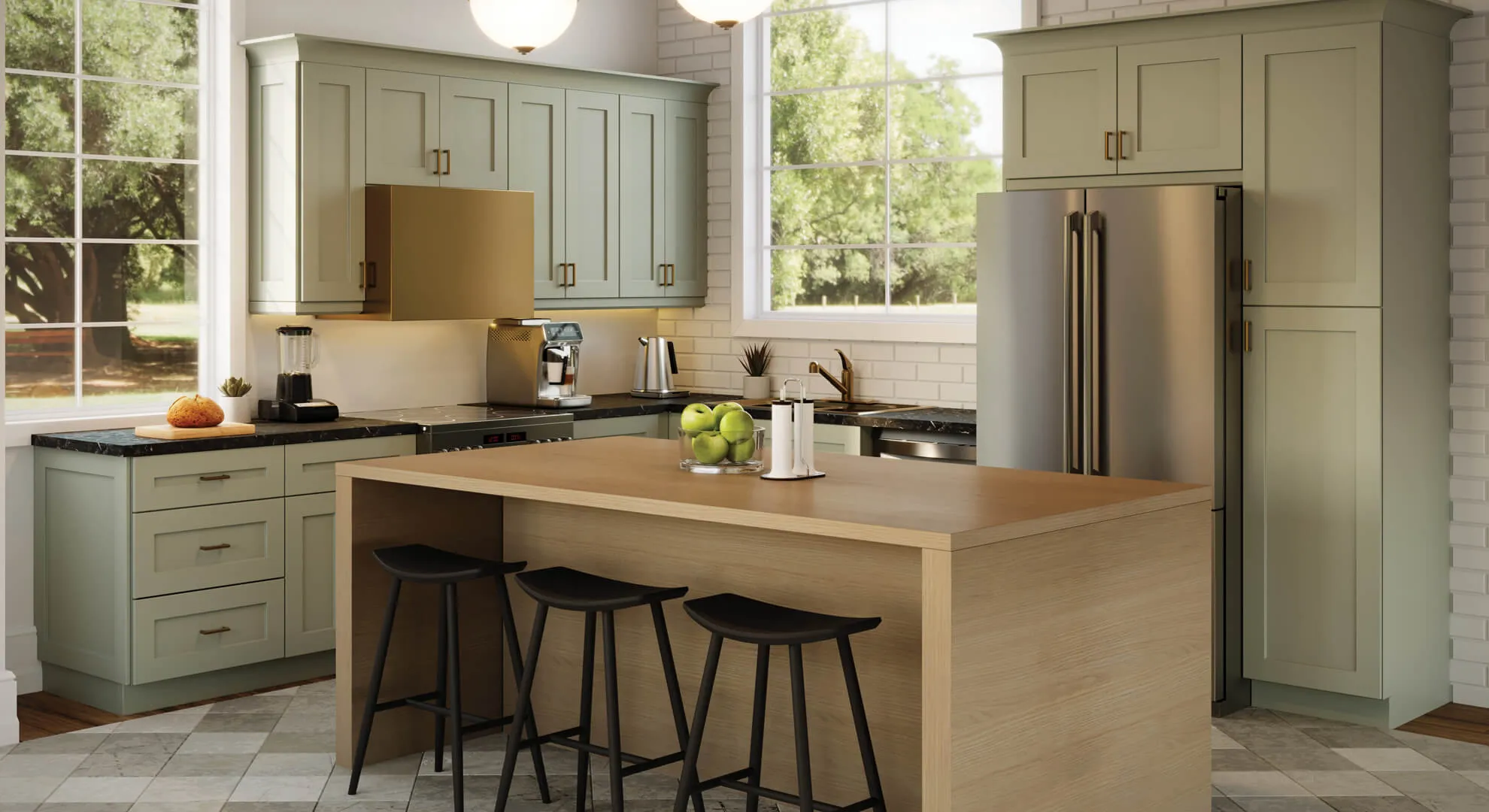 Sage green Urban shaker kitchen with a blonde oak island