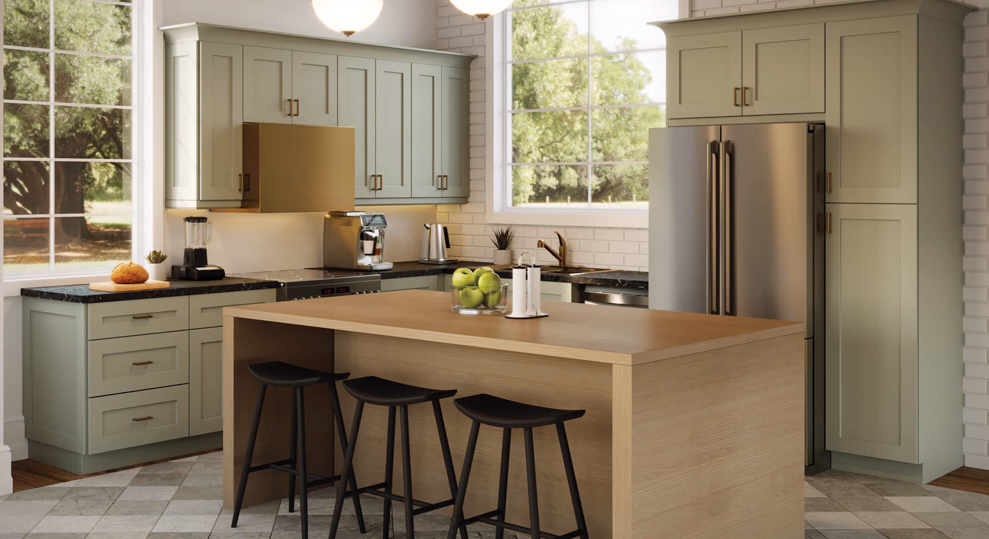 Kitchen: sage-green shaker with blonde-oak island, black stools