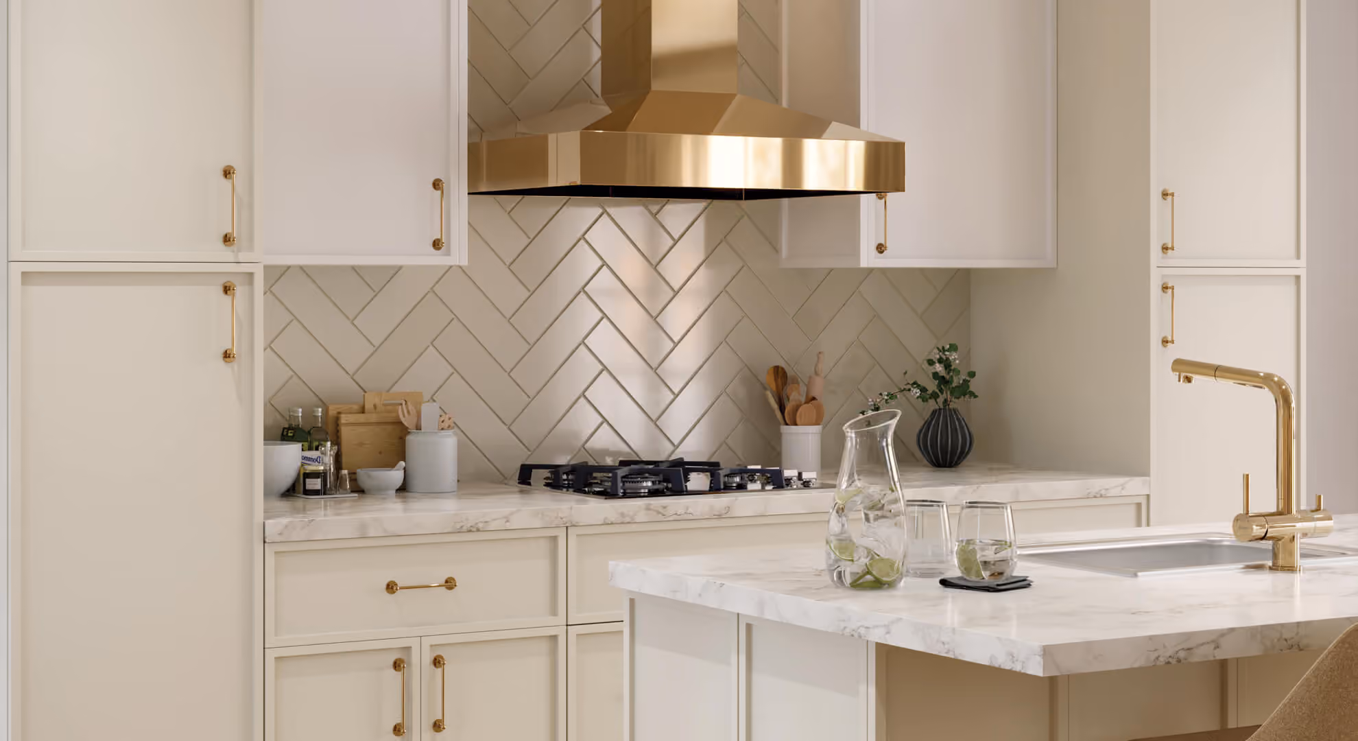 Cream slim shaker kitchen with a brass hood