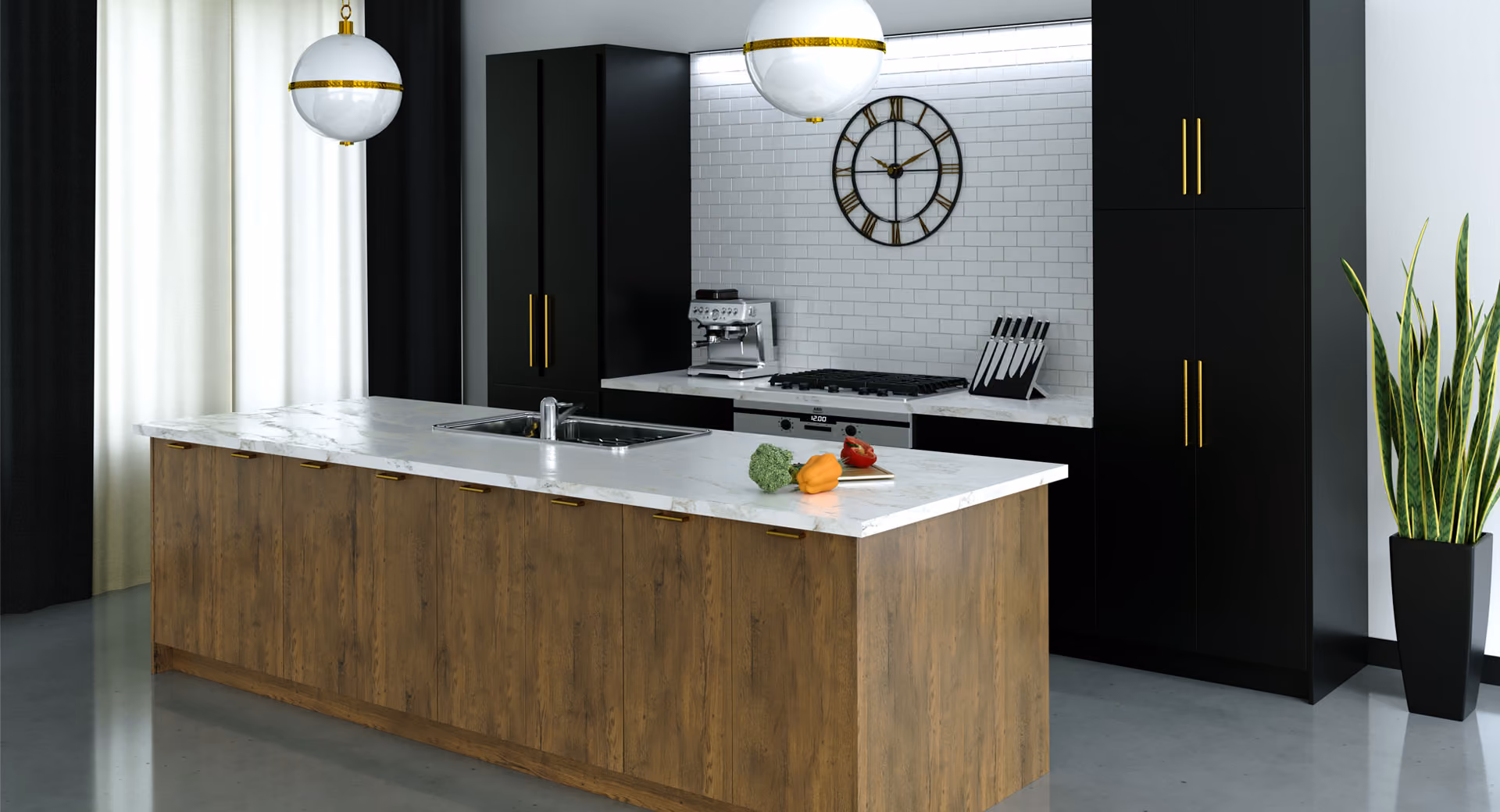 Umbria/Raven kitchen: black cabinets with oak island