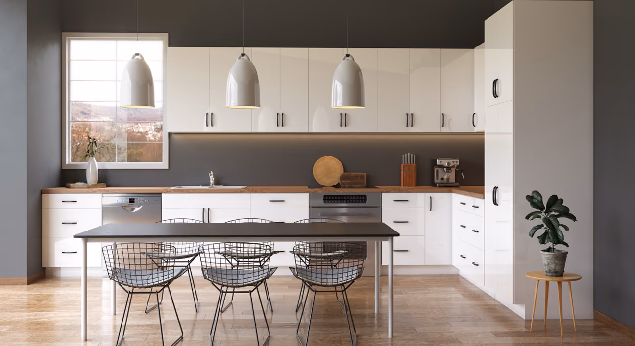 Ultra White kitchen: white slab with wire dining chairs