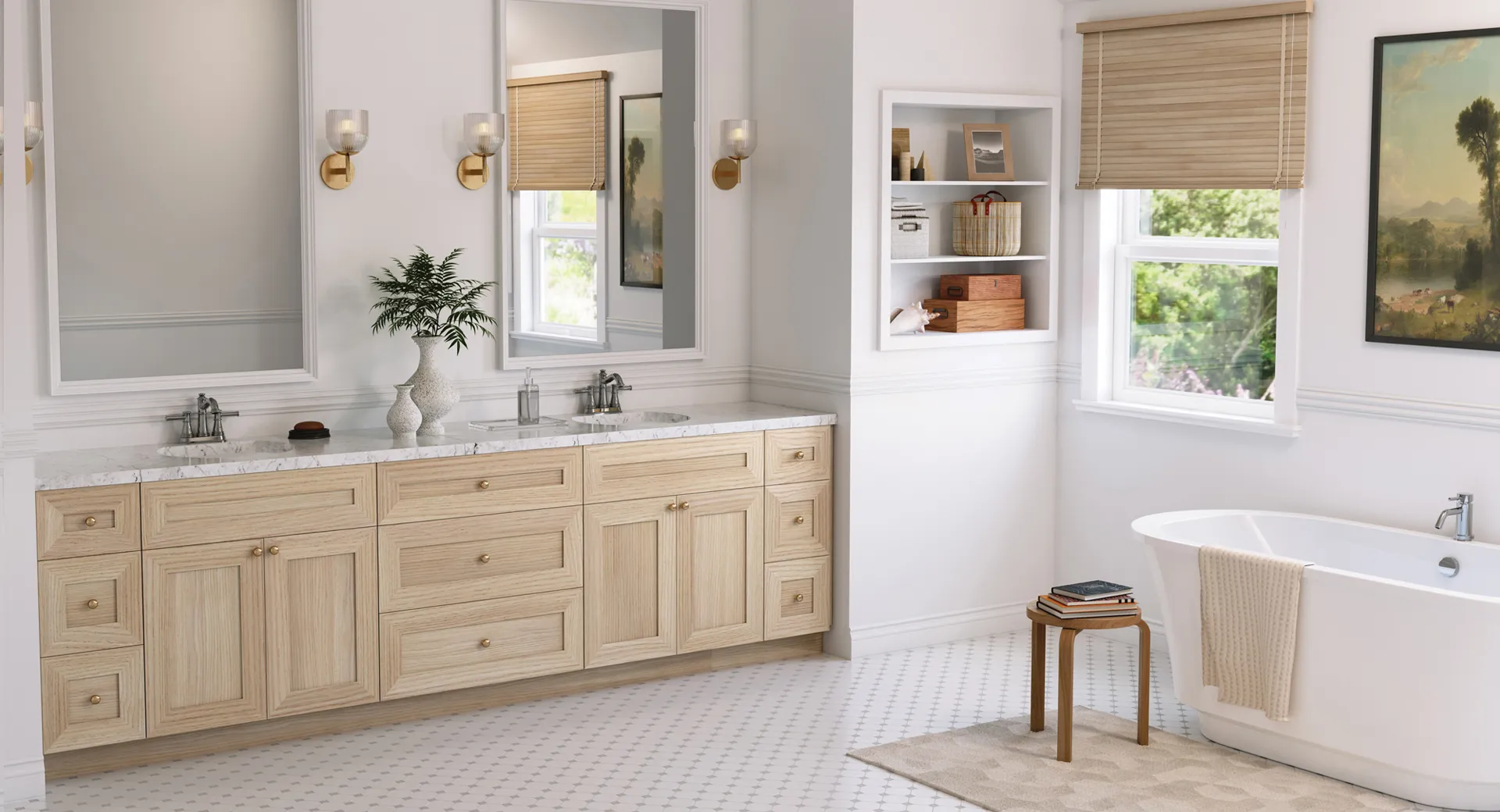 Bathroom with a natural oak shaker vanity and a soaking tub