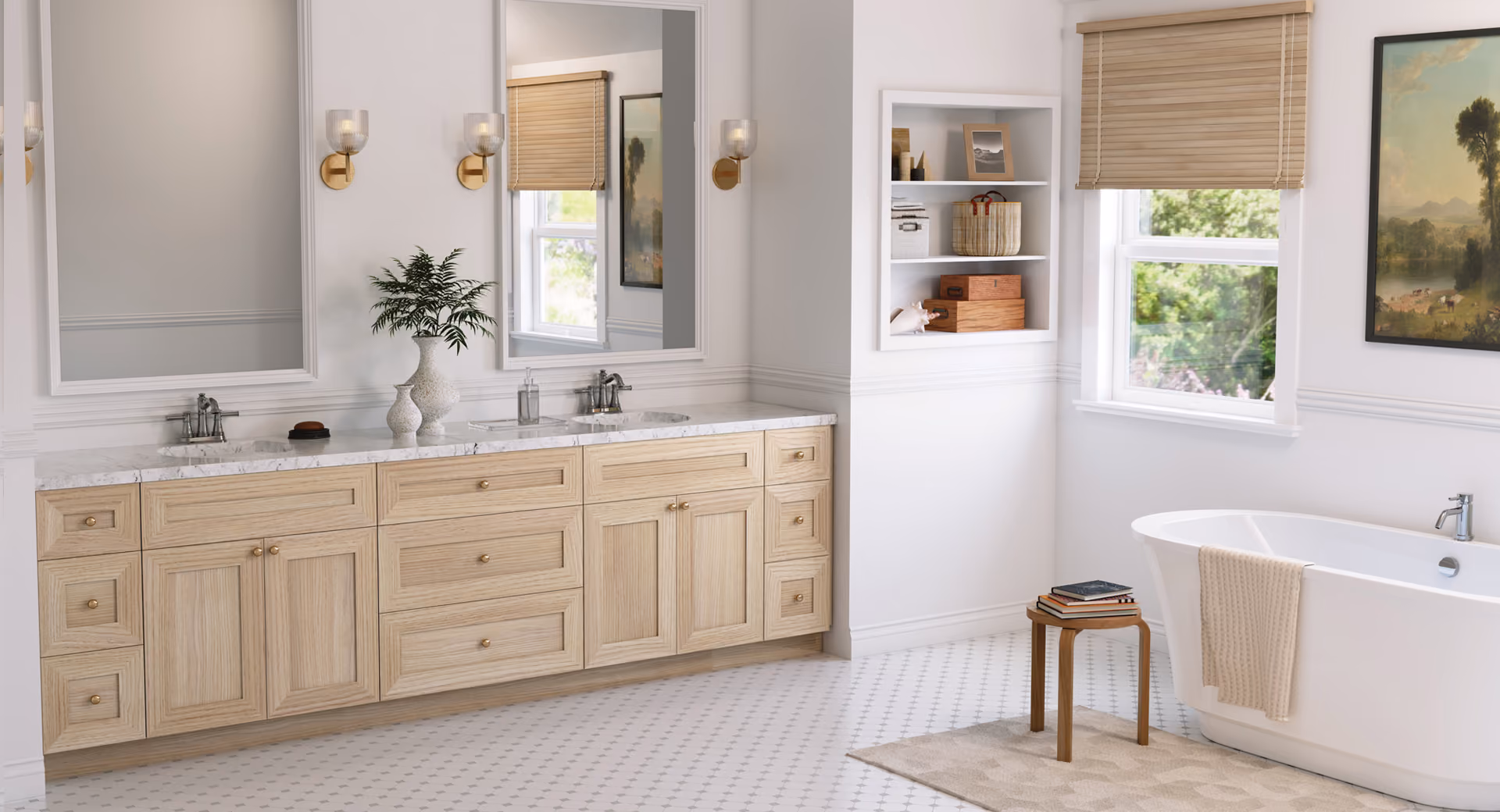 Bath vanity: natural oak shaker with soaking tub