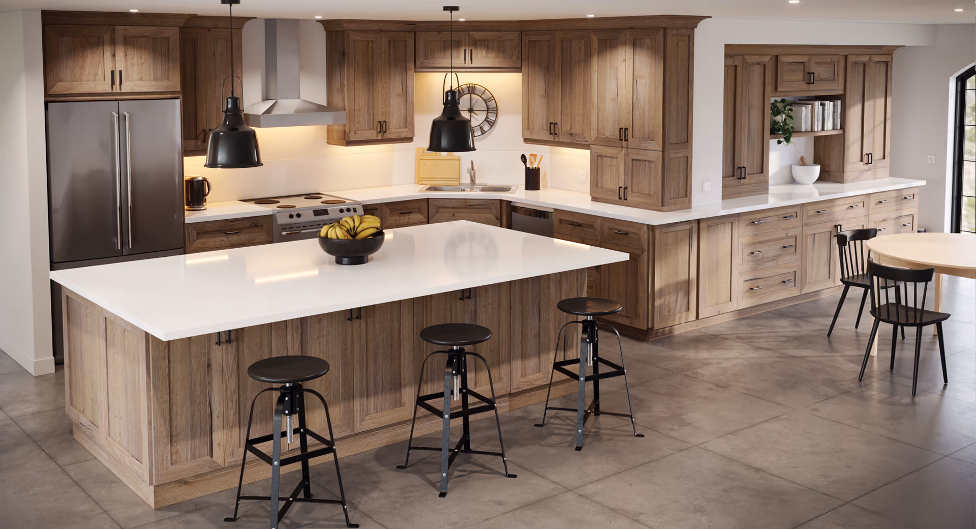 Kitchen: walnut/natural oak with white island and stools