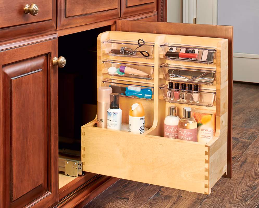 Vanity pull-out organizer for cosmetics and hair tools